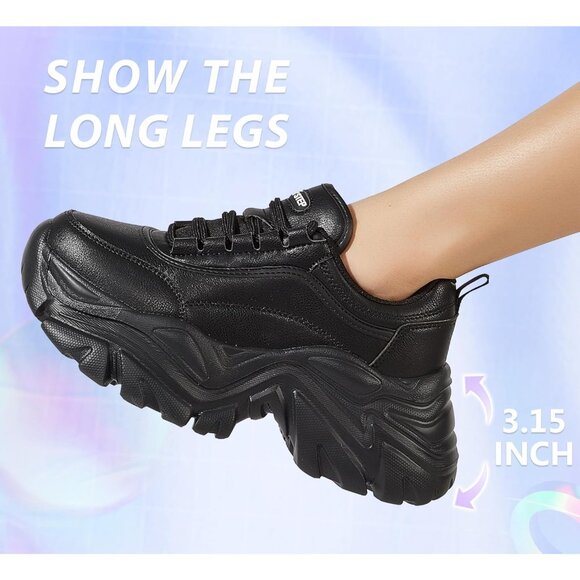 Women's Black Chunky Rubber Platform Casual Lace-Up Walking Sneaker Shoes - Picture 4 of 9